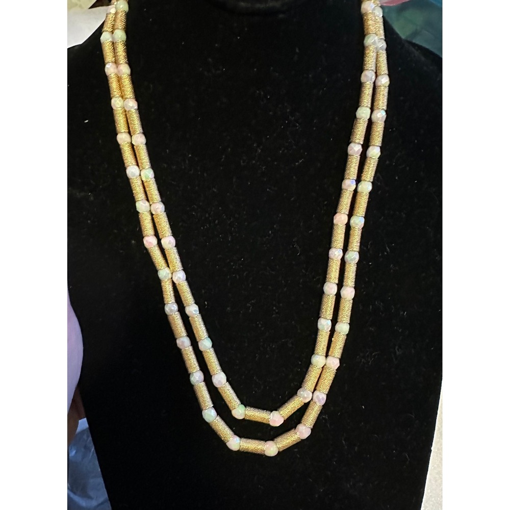 Vintage Trifari Gold tone & AB‎ Faceted White Crystal Bead 2 Strand Necklace